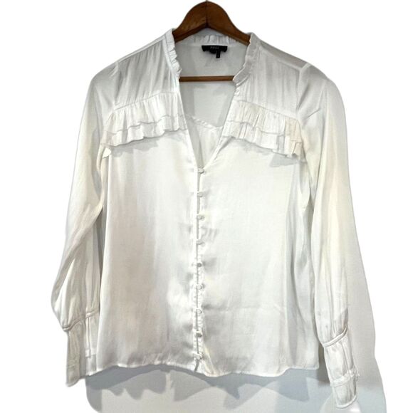 Paige Anguilla White Ruffled Blouse Satin V-Neck Small Button Front - Picture 3 of 5